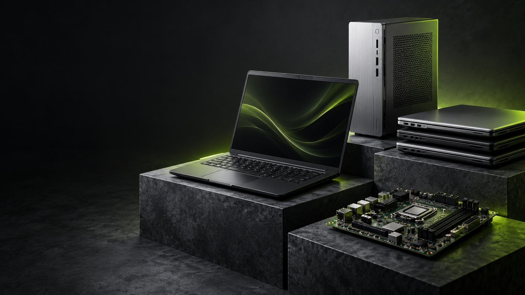 Illustrative studio photograph of laptops, a desktop computer and a circuit board