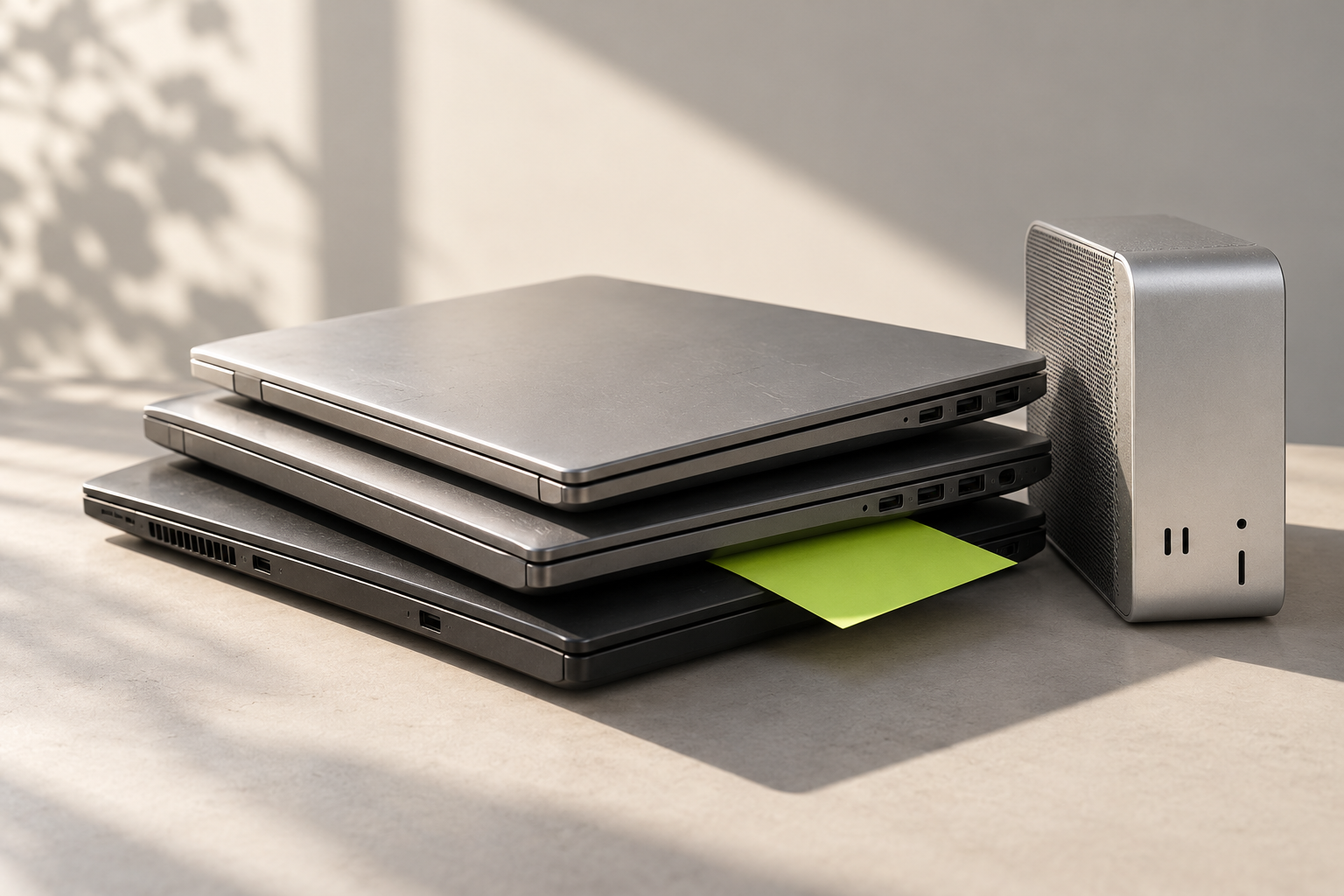 Illustrative stack of laptops beside a compact desktop computer